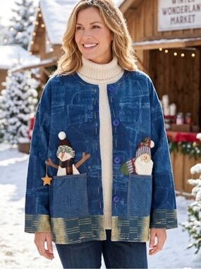 Santa Snowman Jacket Christmas Boutique Denim Look Jacket NWOT Holiday Coat